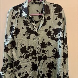 Zara Green Black Floral Button Down Blouse